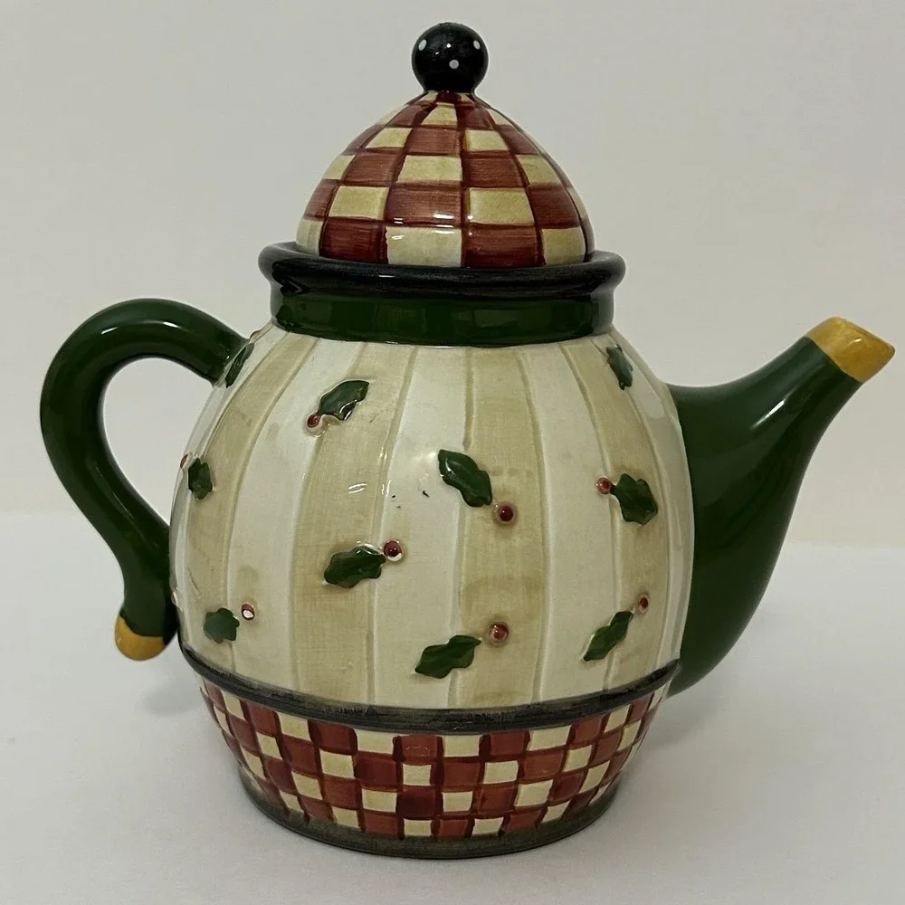 Debbie‎ Mumm Sakura Mini Teapot Christmas Holly Checkerboard Hand Painted